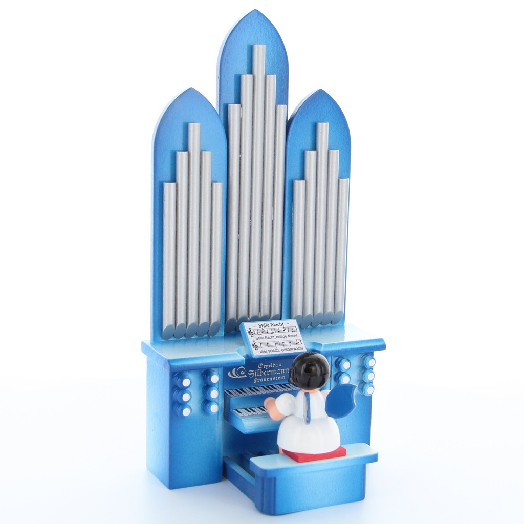 Engel an der Orgel mit Spielwerk „Stille Nacht" Kurzfassung, blaue Flügel