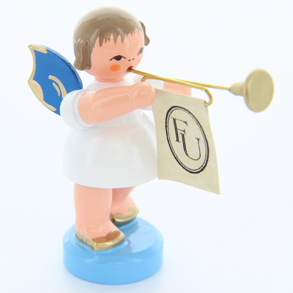 Engel stehend mit Fanfare, blaue Flügel