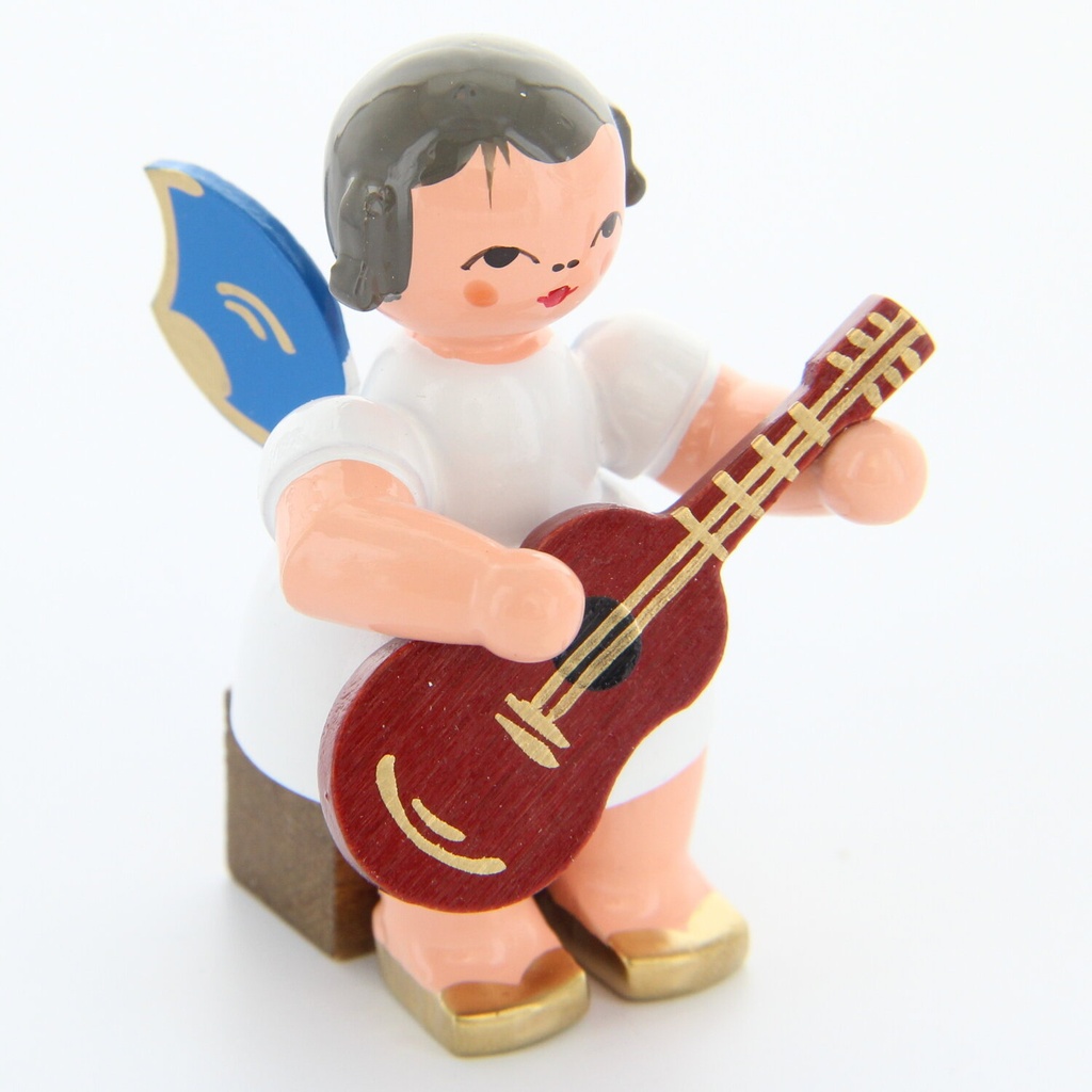 Engel sitzend mit Gitarre, blaue Flügel