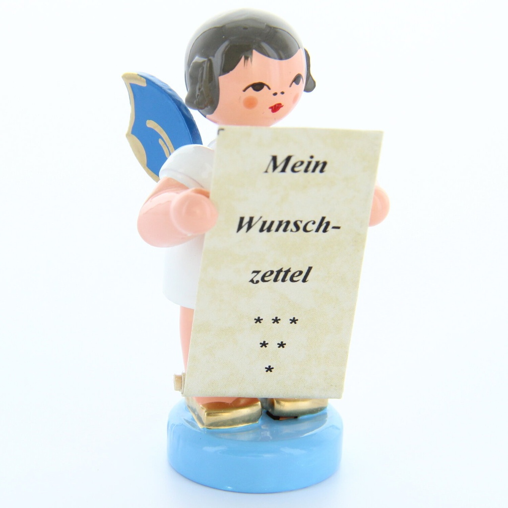 Engel stehend mit Wunschzettel, blaue Flügel