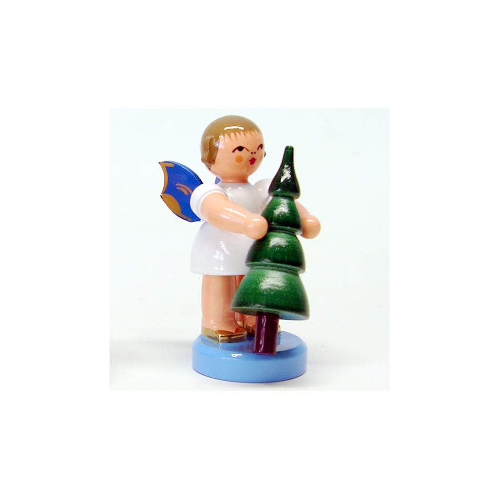 Engel stehend mit Weihnachtsbaum, blaue Flügel