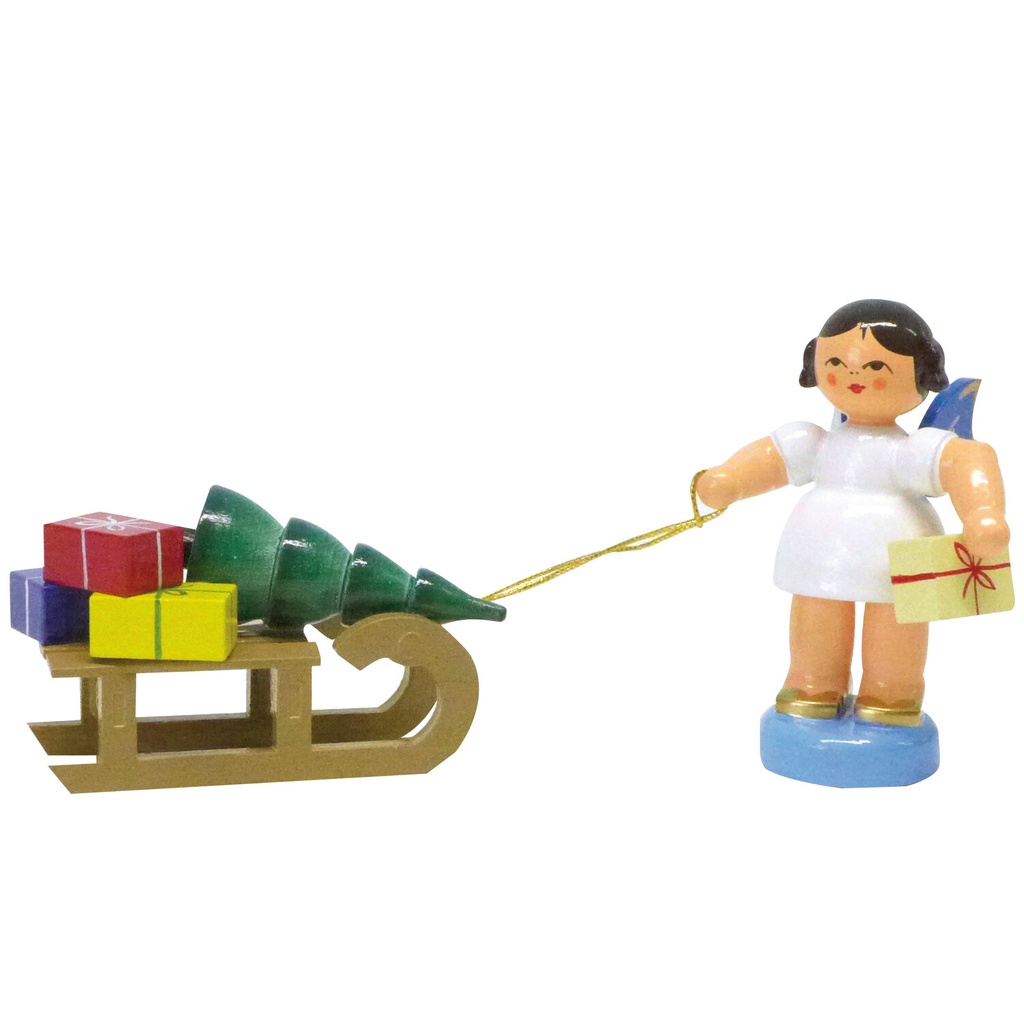 Engel stehend mit Geschenkeschlitten, blaue Flügel