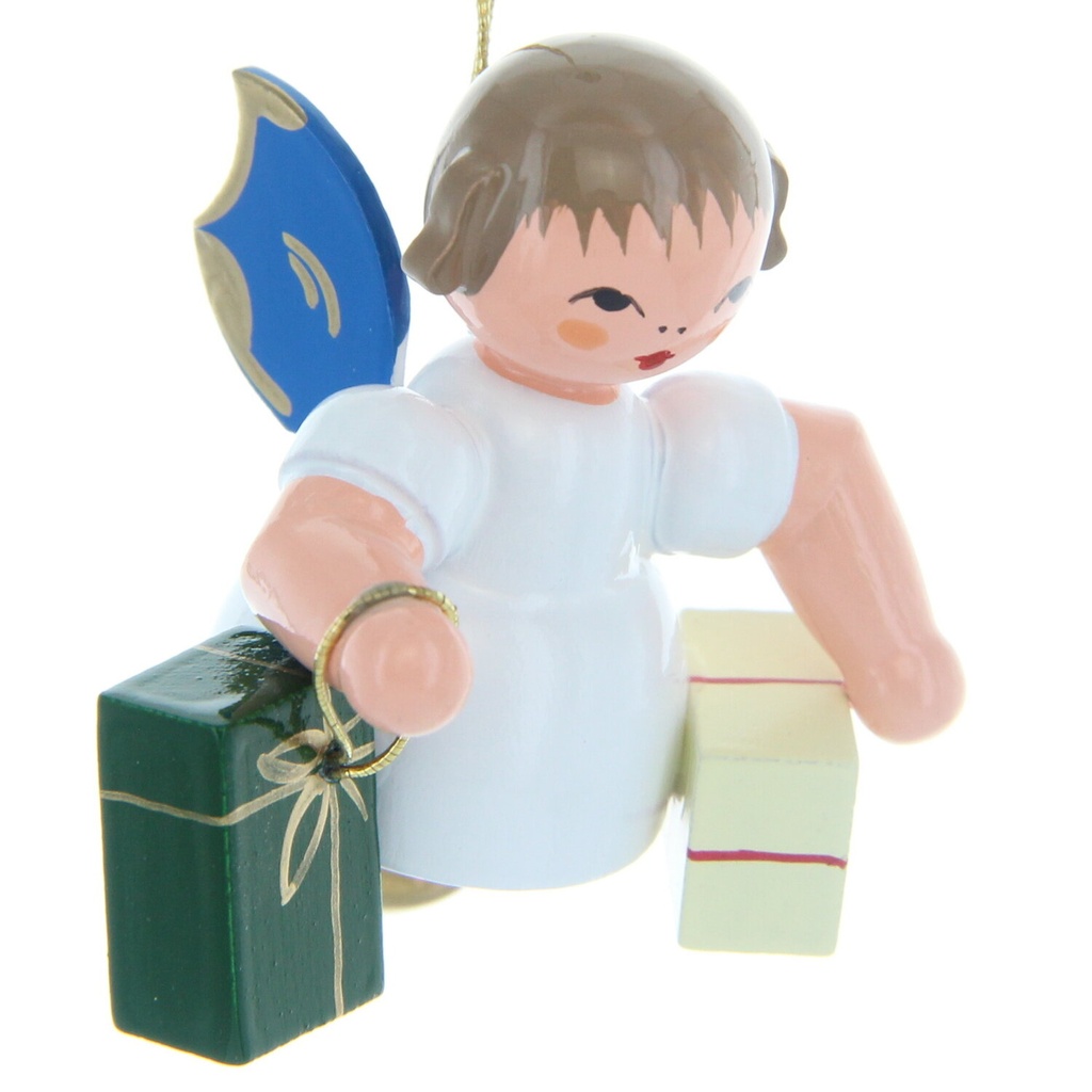 Engel schwebend mit 2 Geschenken, blaue Flügel