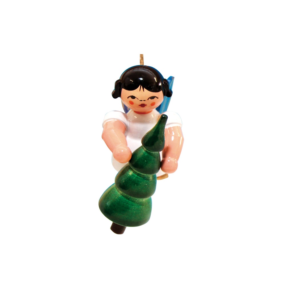 Engel schwebend mit Weihnachtsbaum, blaue Flügel