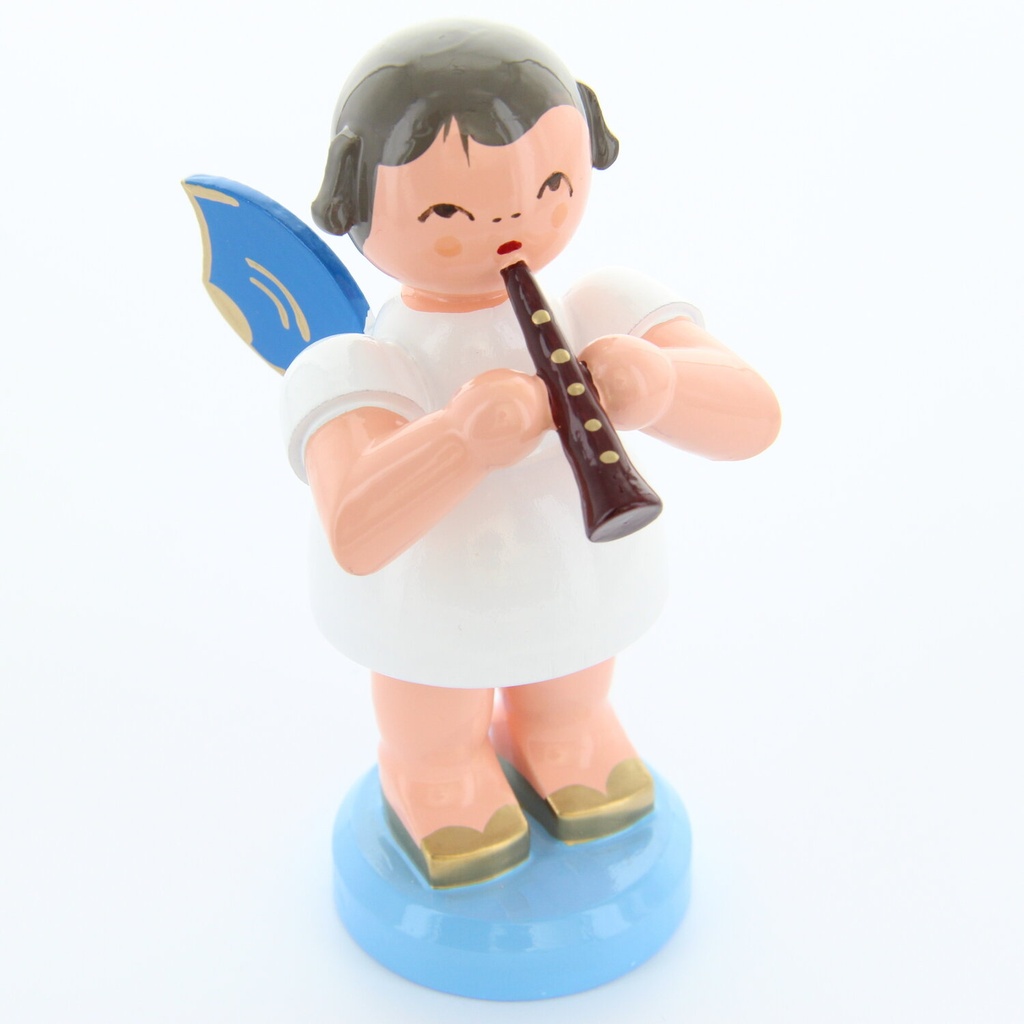 Engel stehend groß mit Flöte, blaue Flügel