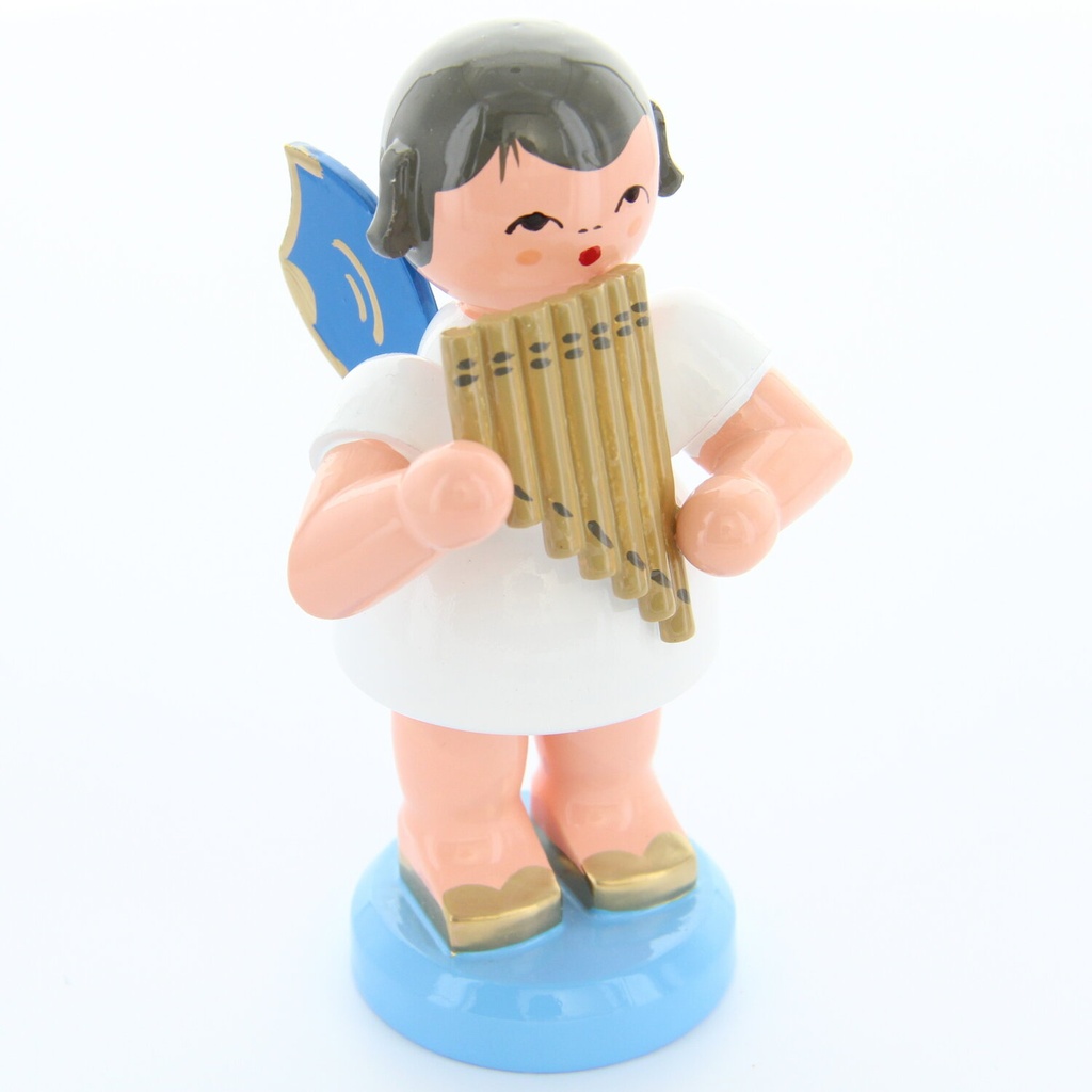 Engel stehend groß mit Panflöte, blaue Flügel