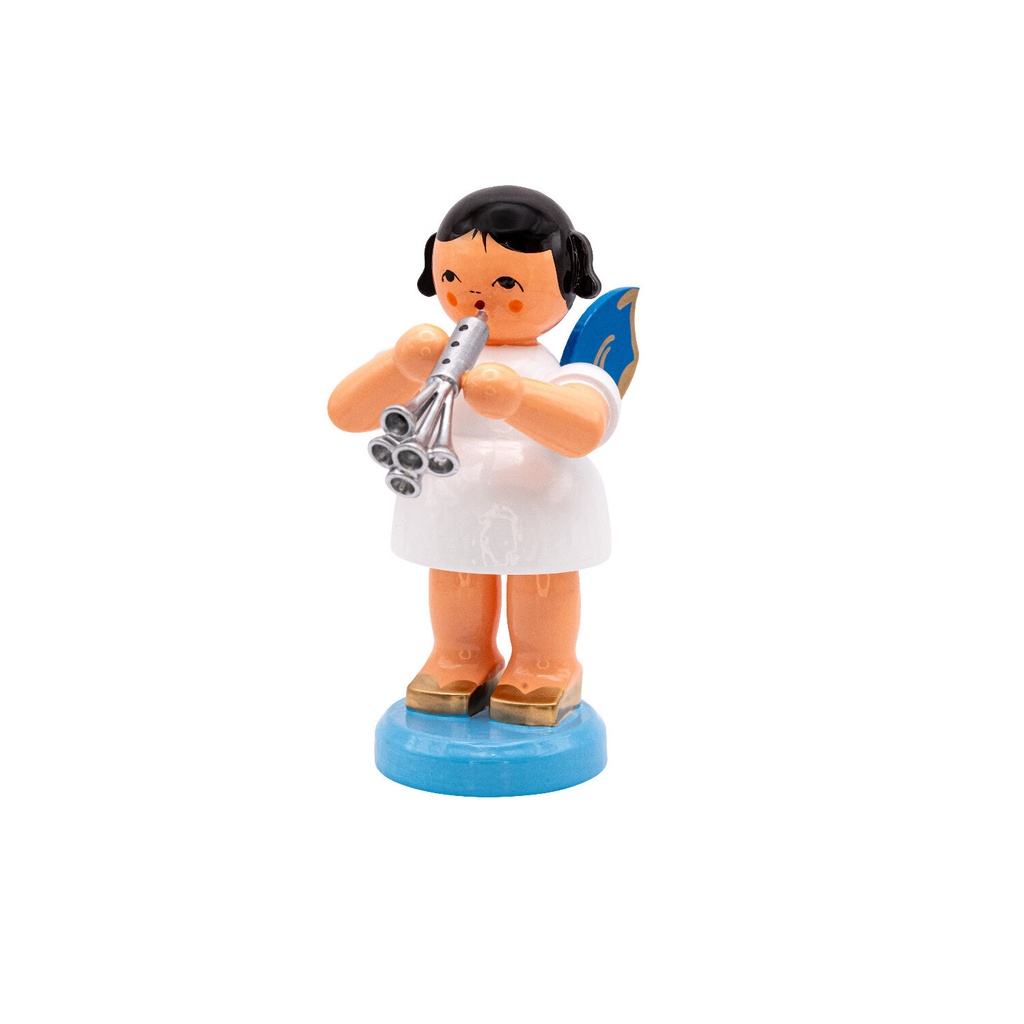 Engel stehend groß mit Schalmei, blaue Flügel
