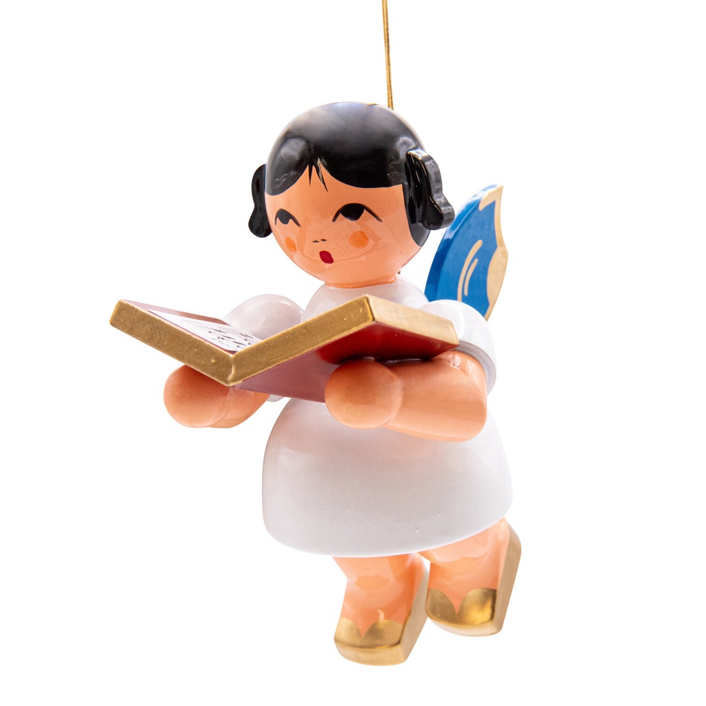 Schwebeengel groß mit Gesangbuch, blaue Flügel