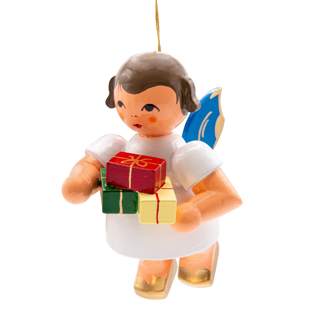 Schwebeengel groß mit Geschenken, blaue Flügel