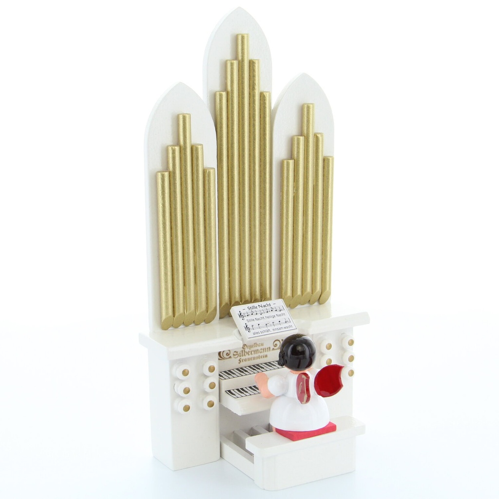Engel an der Orgel mit Spielwerk „O Tannenbaum" Kurzfassung, rote Flügel
