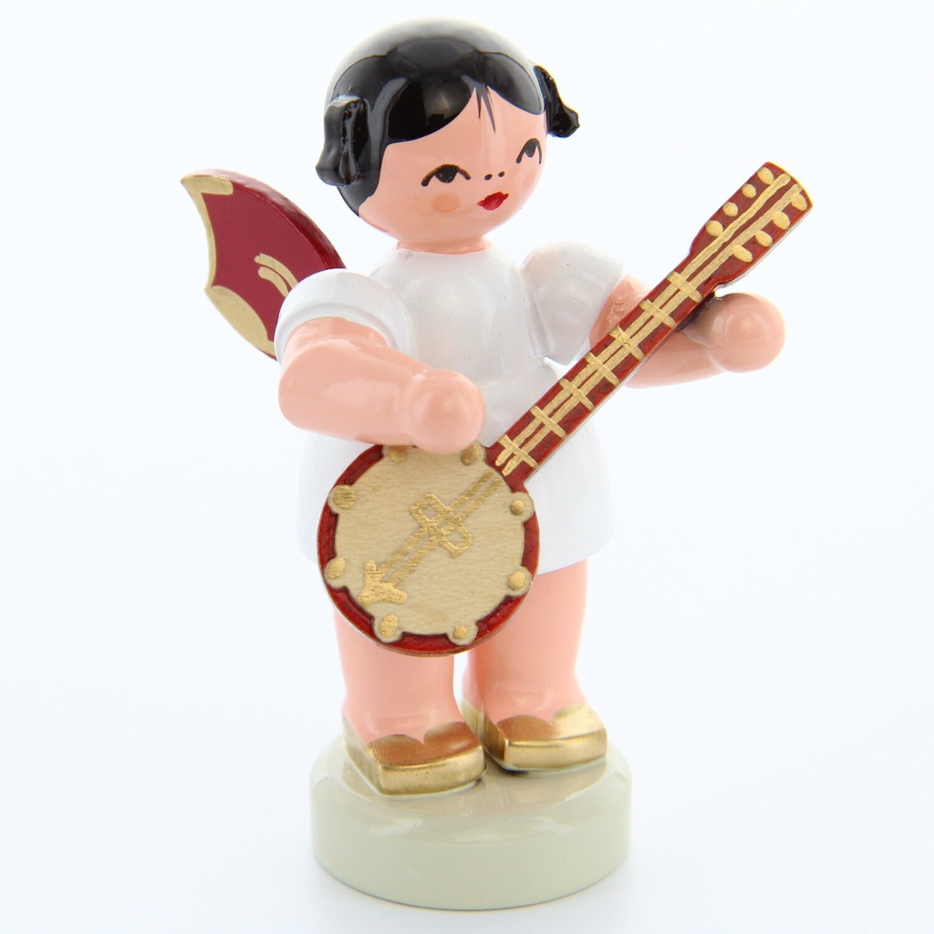 Engel stehend mit Banjo, rote Flügel