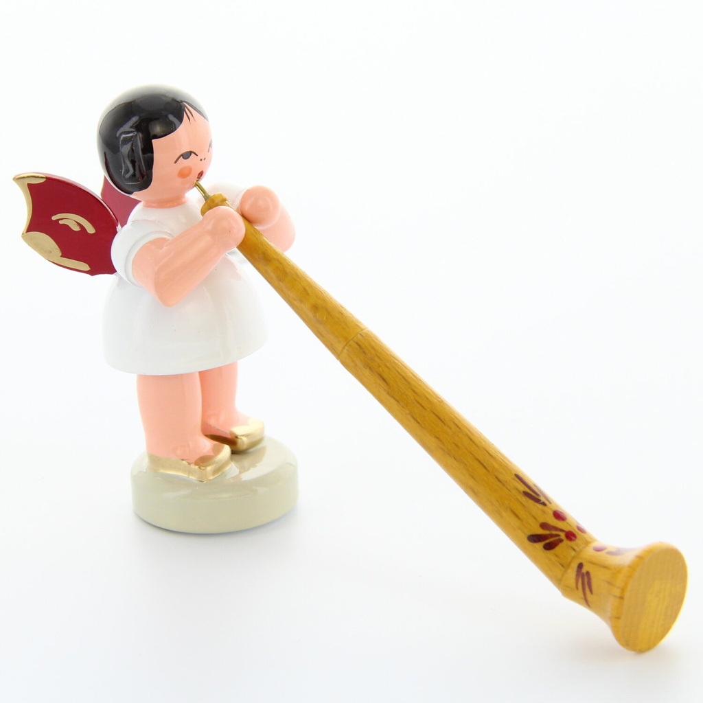 Engel stehend mit Alphorn, rote Flügel