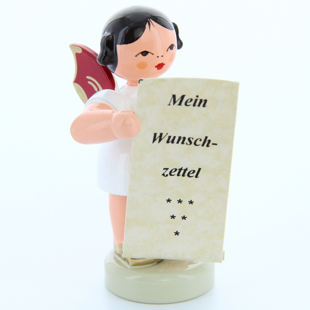 Engel stehend mit Wunschzettel, rote Flügel