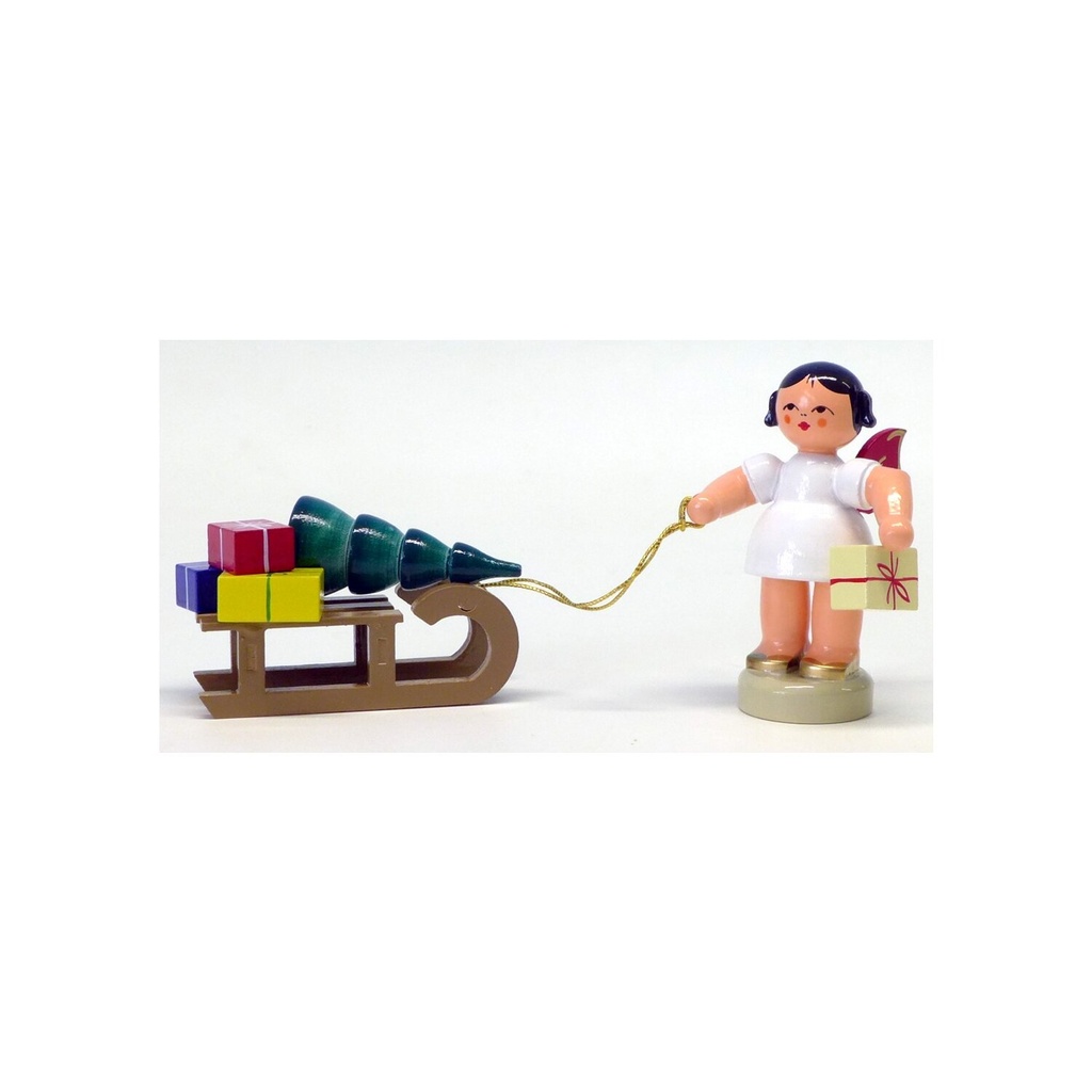 Engel stehend mit Geschenkeschlitten, rote Flügel