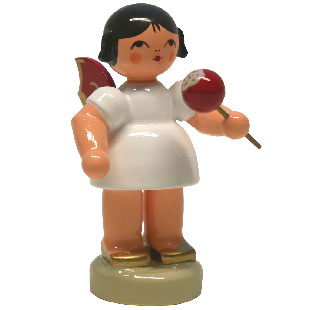 Engel stehend mit kandiertem Apfel, rote Flügel