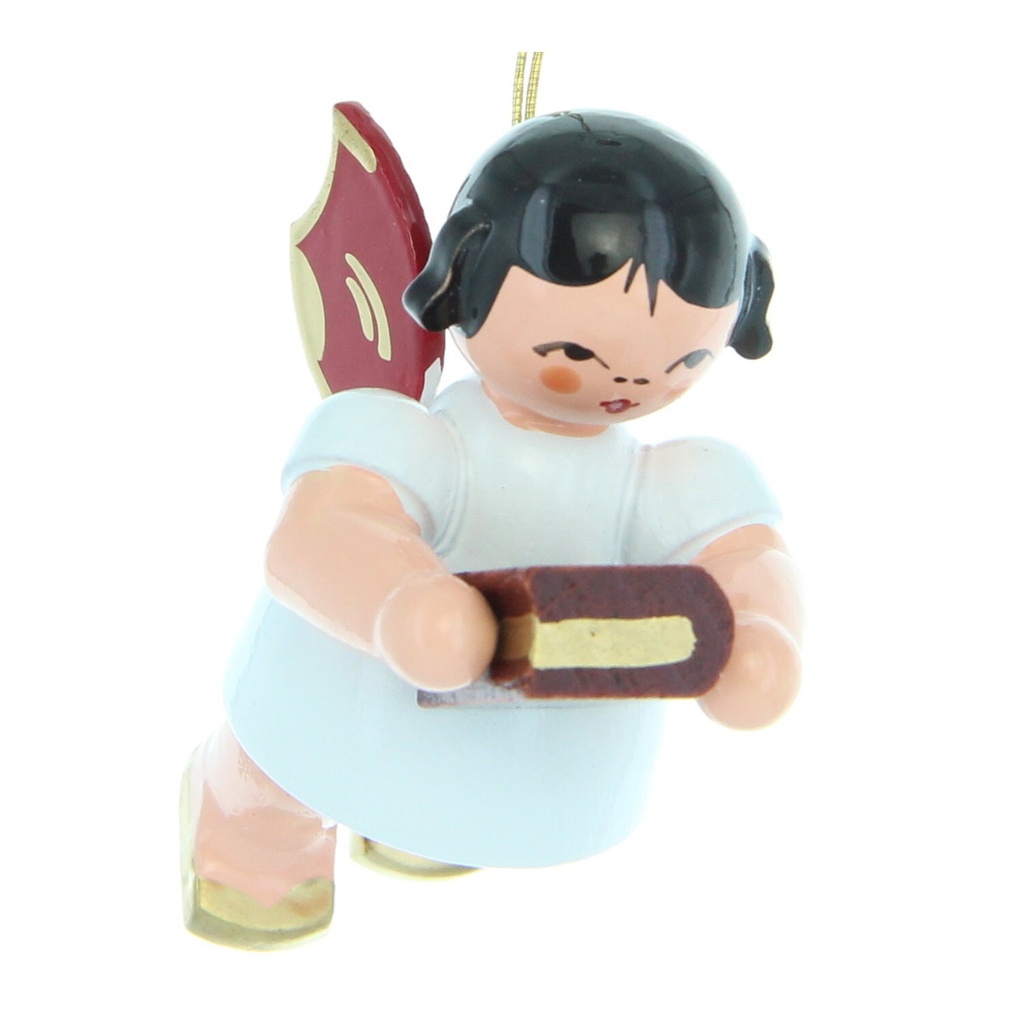 Engel schwebend mit Bibel, rote Flügel