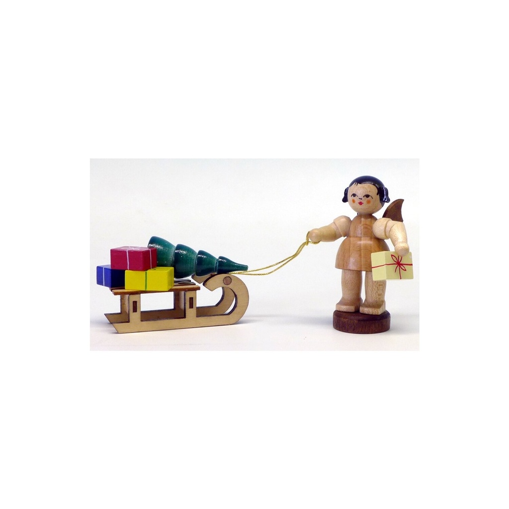 Engel stehend mit Geschenkeschlitten, blaue Flügel