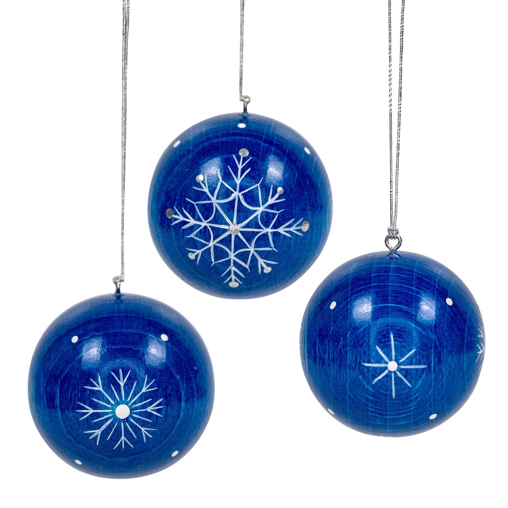[FU 199/903] Weihnachtskugeln blau mit Kristallen, 3 Stück 40 mm, handbemalt