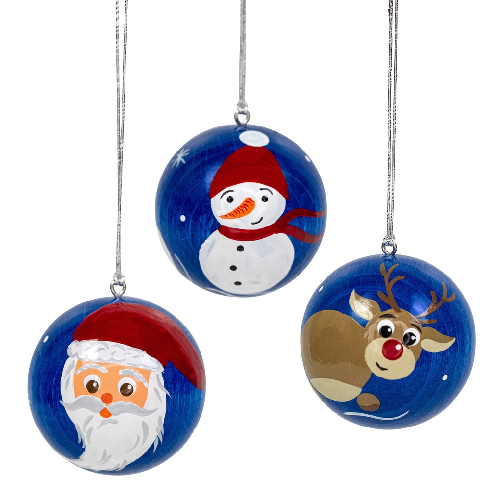 [FU 199/905] Weihnachtskugeln blau, Rentier, Schneemann, Weihnachtsmann, 3 Stück 40 mm, handbemalt