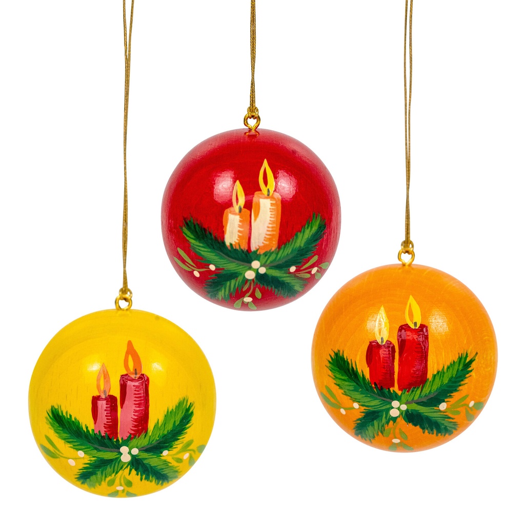 [FU 199/911] Weihnachtskugeln rot, orange, gelb, Zweig mit Kerze, 3 Stück 50 mm, handbemalt