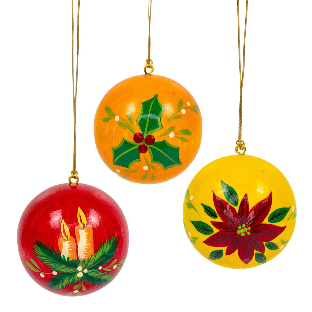 [FU 199/912] Weihnachtskugeln rot, orange, gelb, Weihnachtsmotive, 3 Stück 50 mm, handbemalt