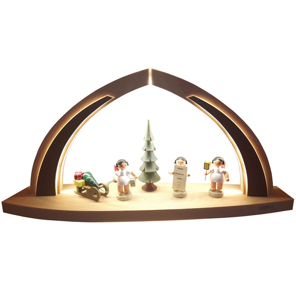 [FU 202/749R1] Schwibbogen LED Beleuchtung klein, Engel bunt-1, 3 Engel, Baum, Schlitten