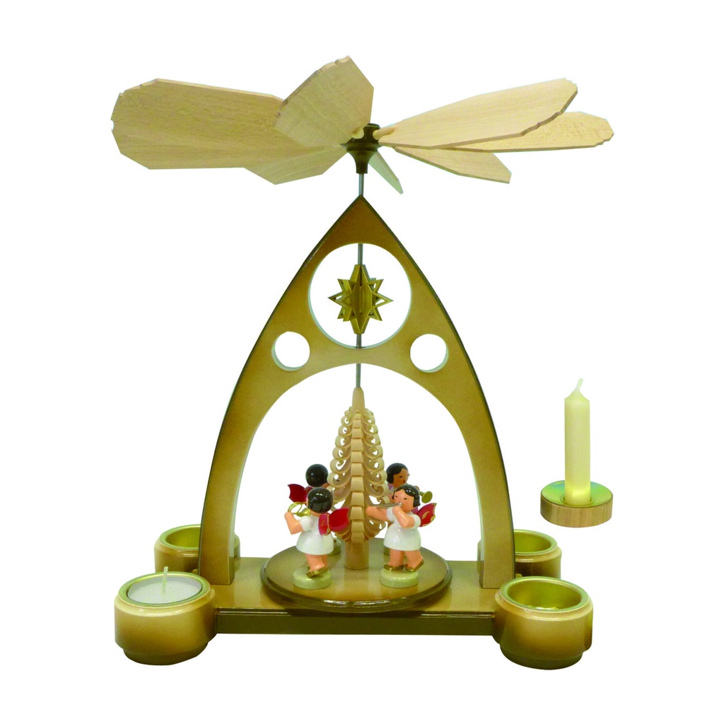 Teelichtpyramide braun mit 4 Engel Bläser, Flügel rot, inkl. Pyram.-kerzenadapt.
