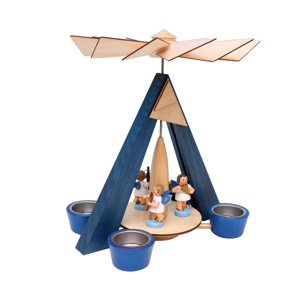 Teelichtpyramide blau mit drei Engel blaue Flügel