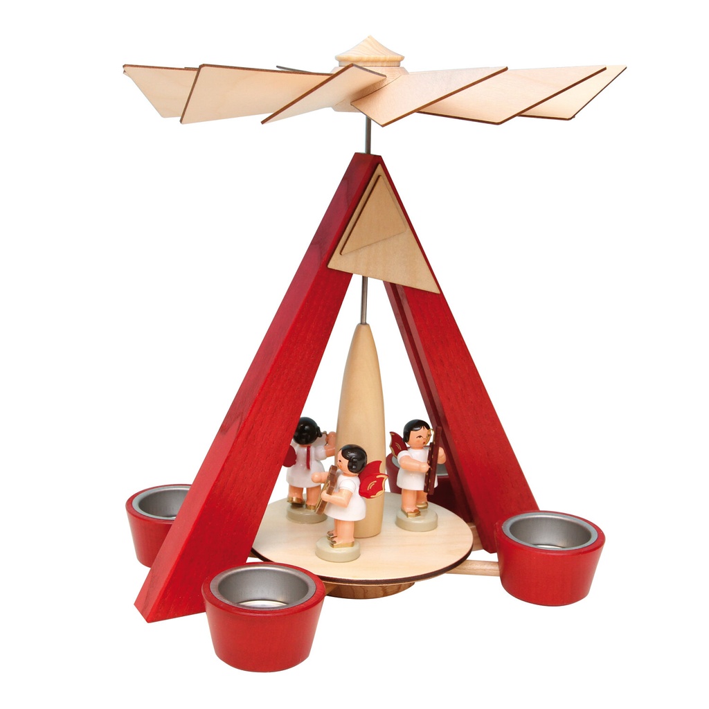 Teelichtpyramide rubinrot mit drei Engel rote Flügel