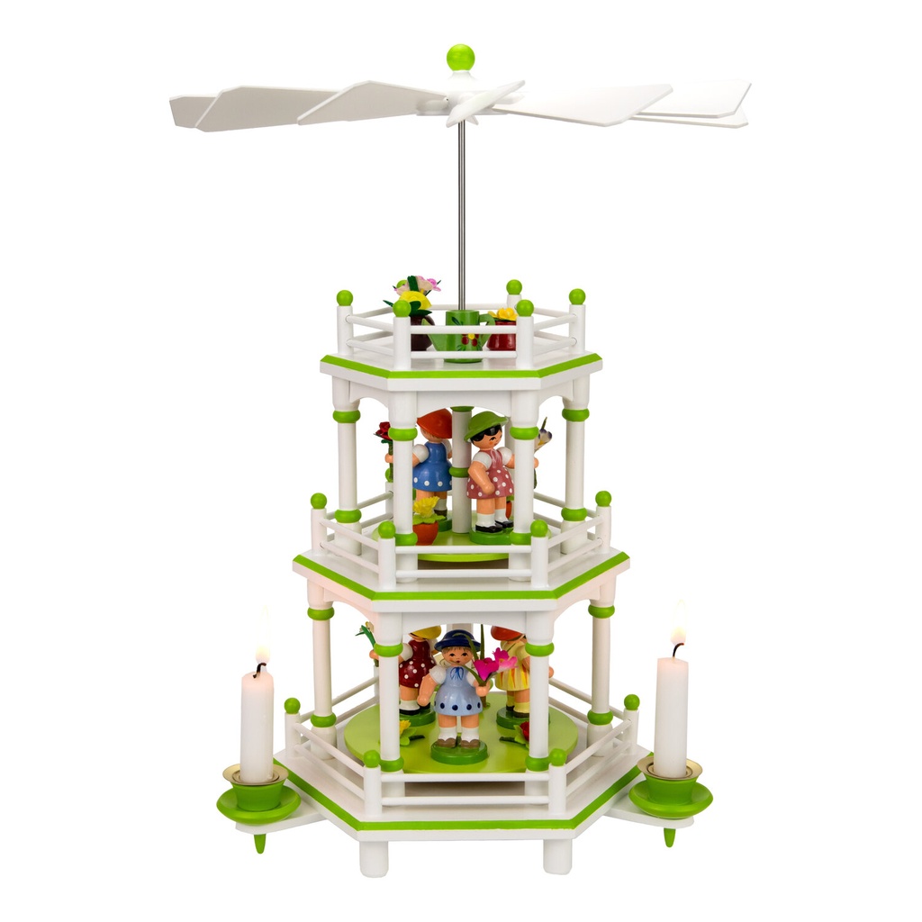 Pyramide 3 Etagen weiß / grün, 35 cm, Blumenmädchen mit Handsträusschen und Blumentöpfchen