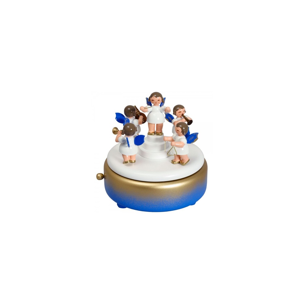 Spieldose blau/weiß/gold, 5 Engel, Fl. blau