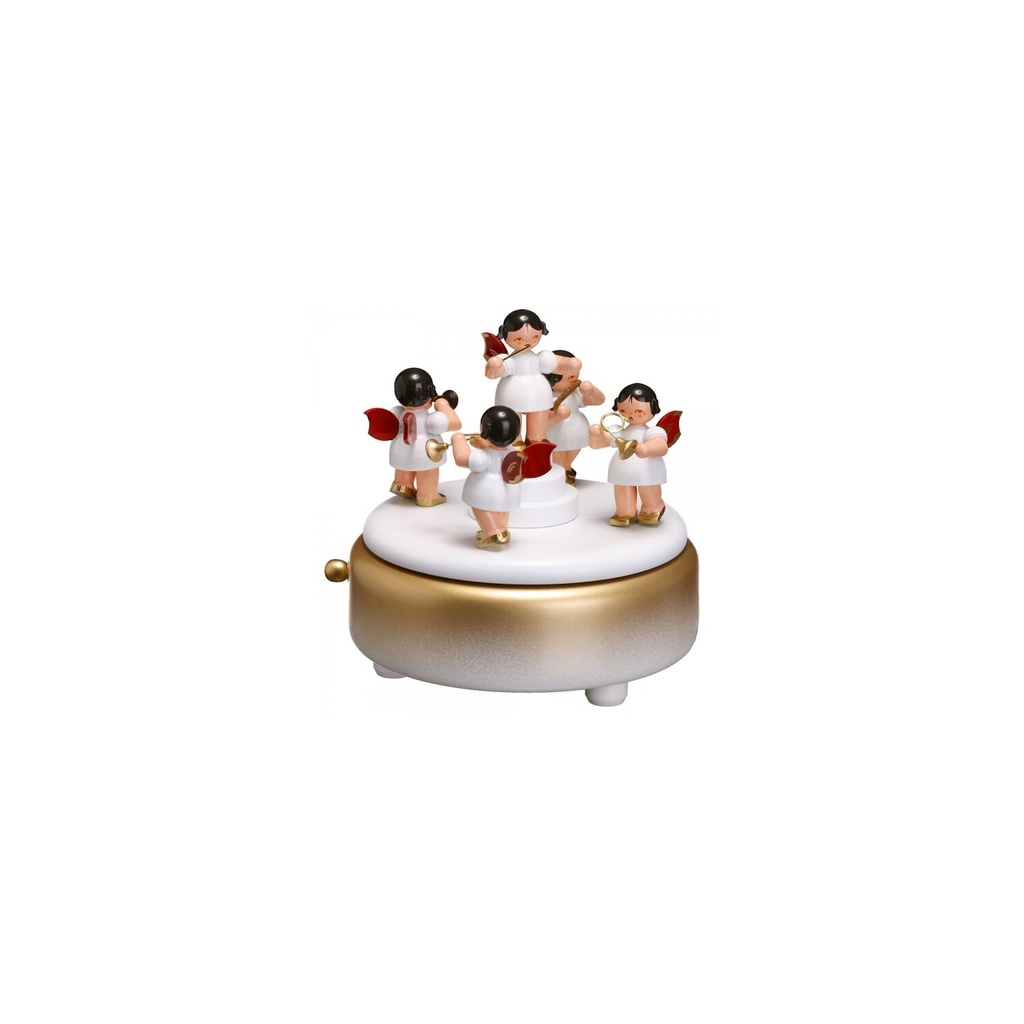 Spieldose weiß/gold, 5 Engel, Flügel rot
