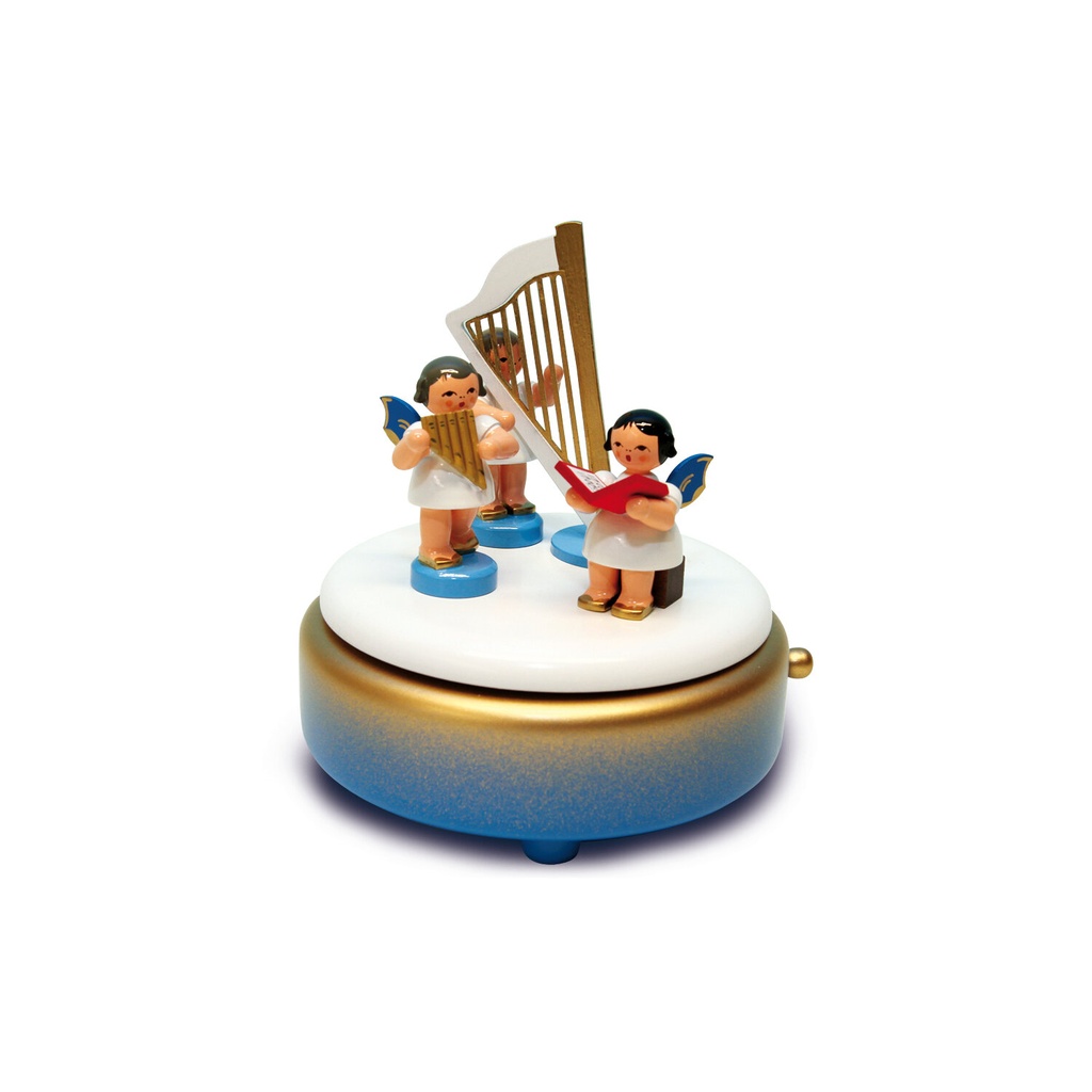 Spieldose bl/weiß/go, 3 Engel, Harfe, Fl. blau