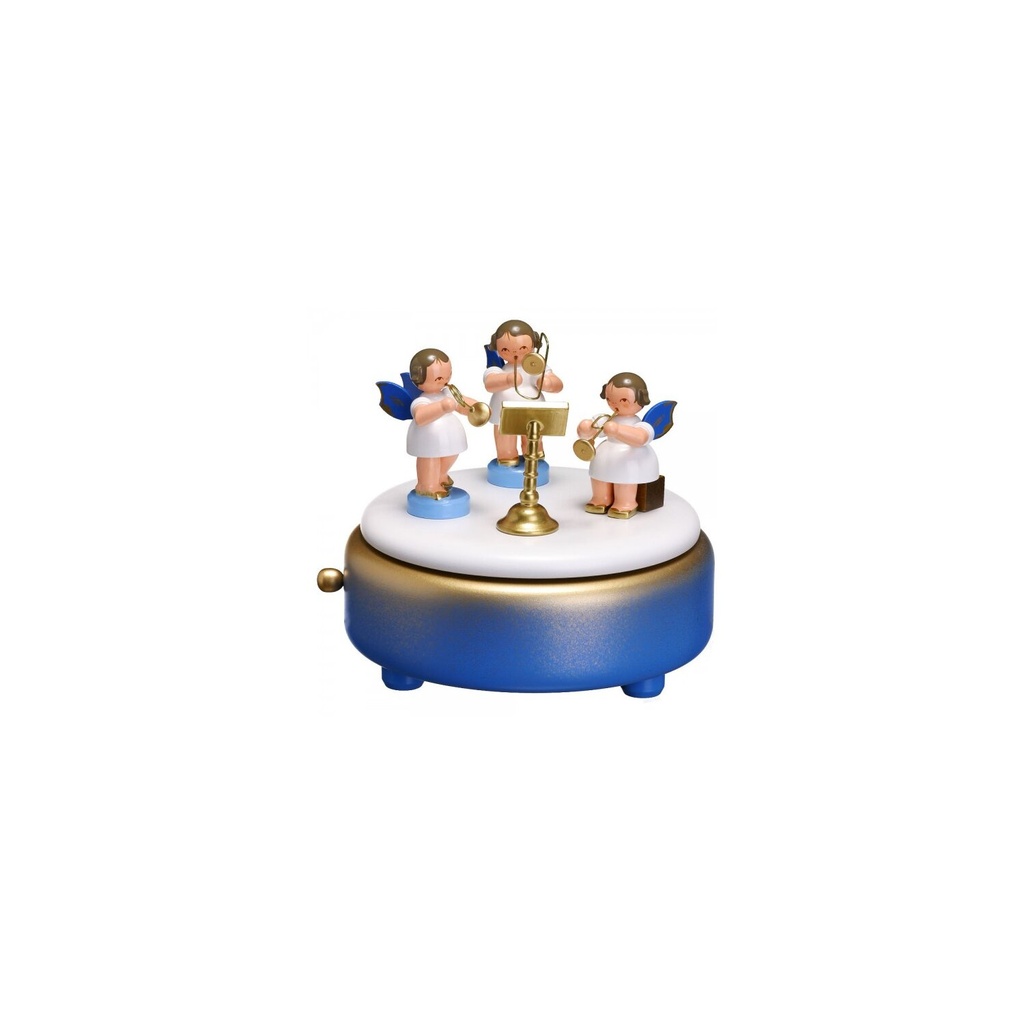Spieldose blau/weiß/gold, 3 Engel, Fl. blau