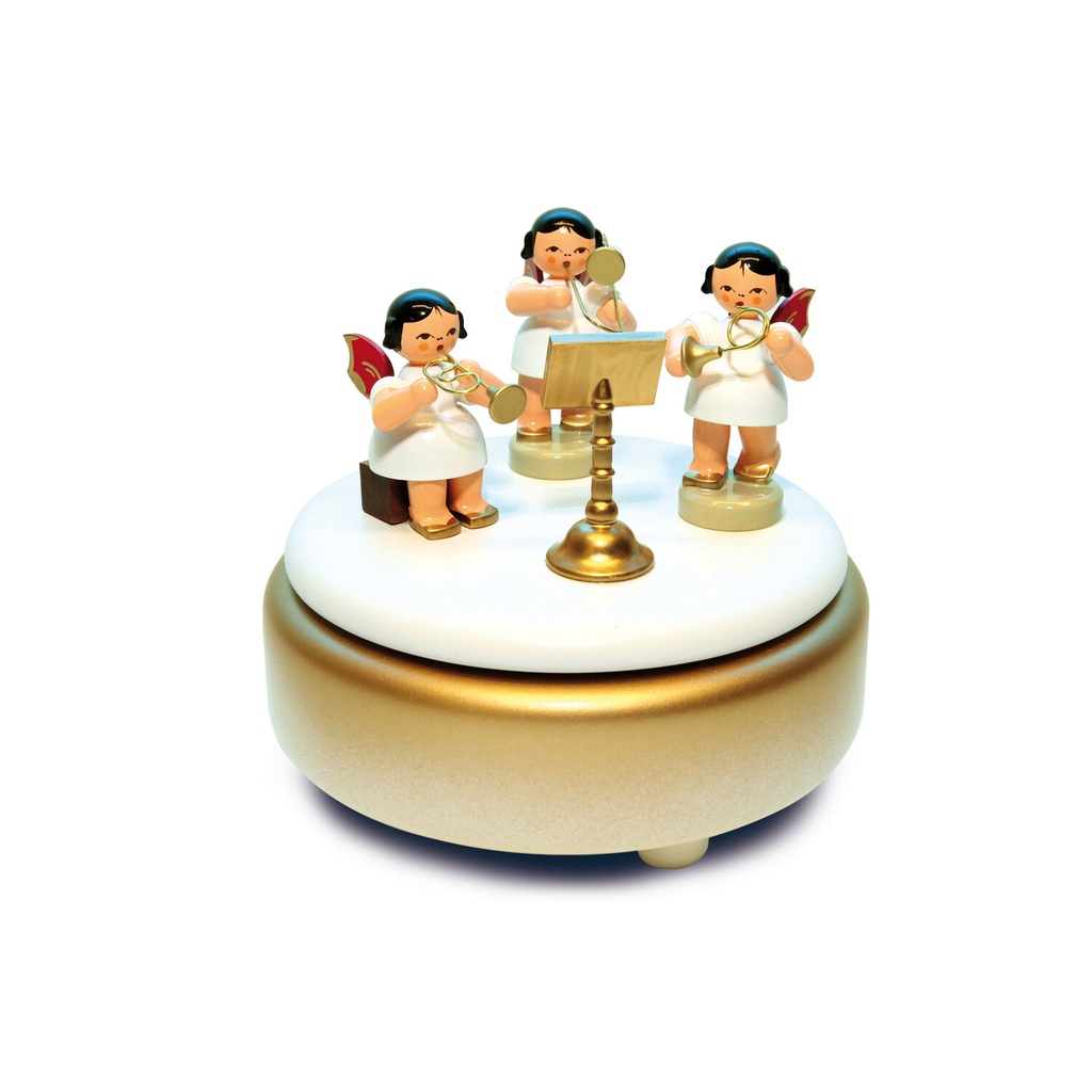 Spieldose weiß/gold, 3 Engel, Flügel rot