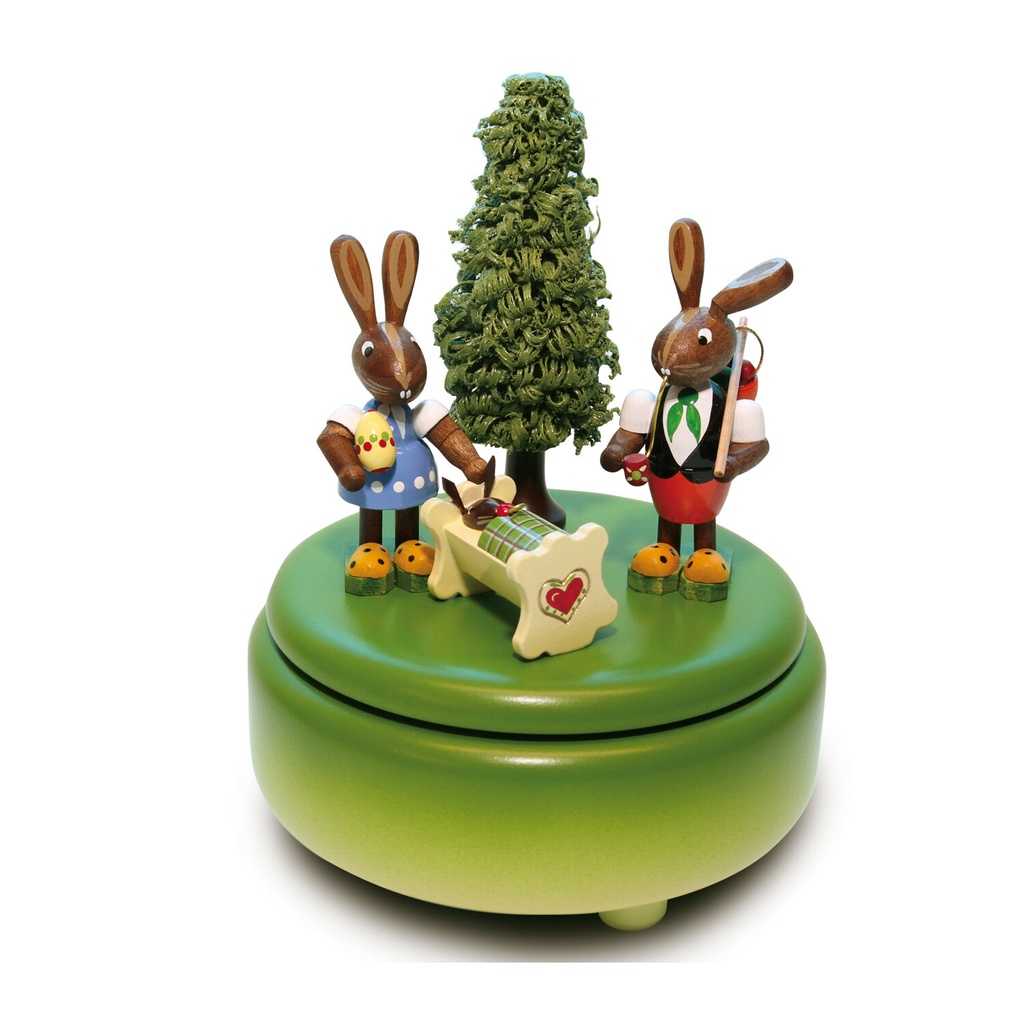 Spieldose grün mit 2 Osterhasen und Wiege