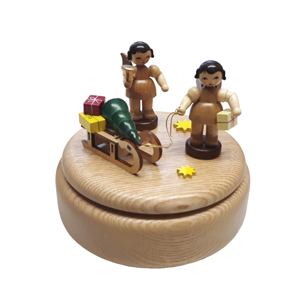 [FU 086/288N] Spieldose natur mit 2 Engel und Geschenkeschlitten, natur