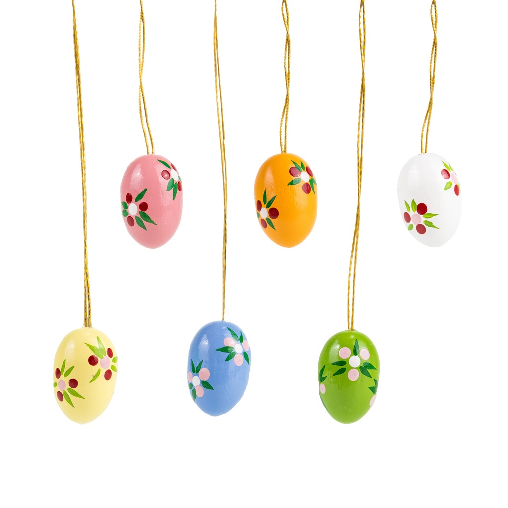 6 Stück Ostereier 22 mm, handbemalt mit Punkteblumen Motiv 2, 6 verschiedene Farben im Satz