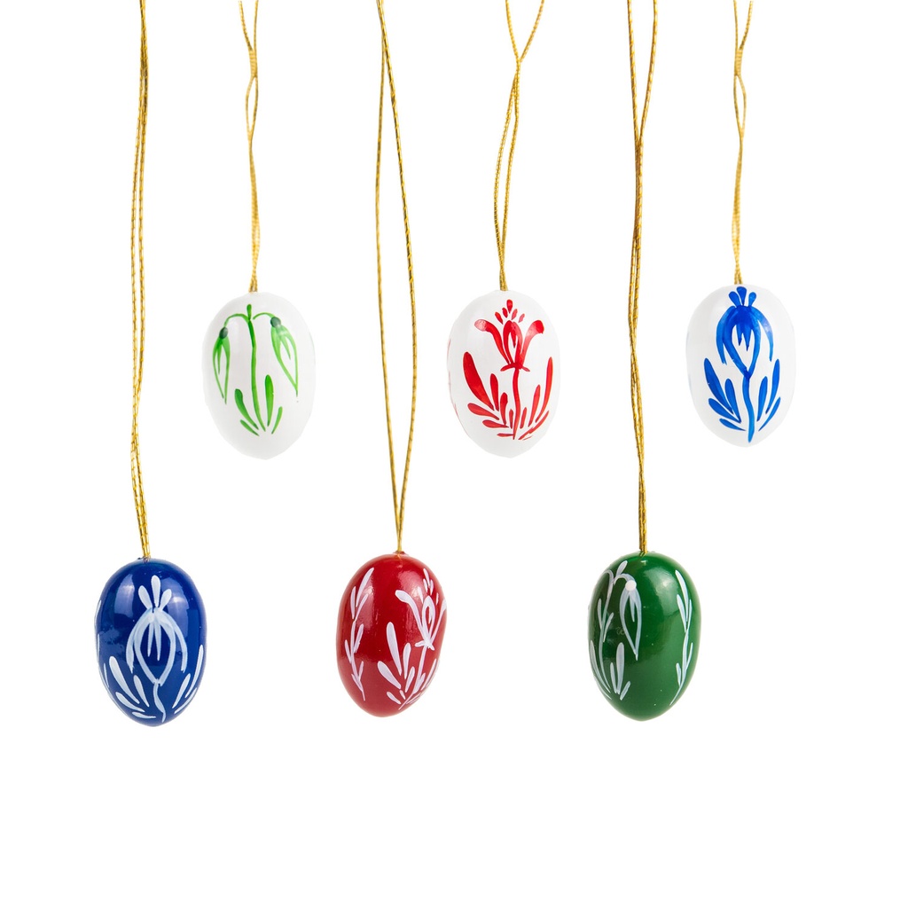6 Stück Ostereier 22 mm, m kl. Blumen, je 1 dunkel -blau, -grün, -rot und 3 x weiß, komplementär bemalt