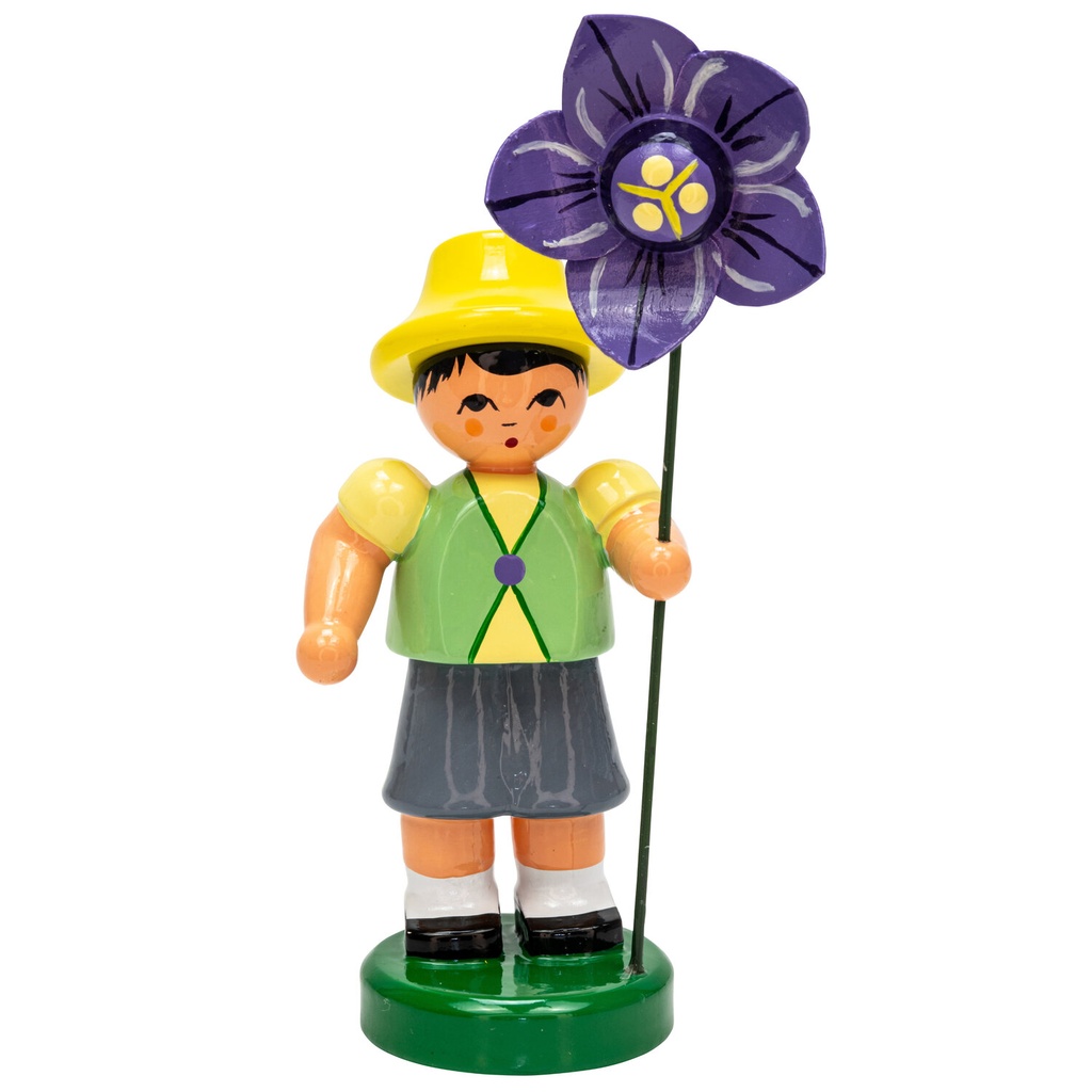[FU 232/103/56] Blumenjunge "Ronny" hellgrün / grau / gelb, Blume lila