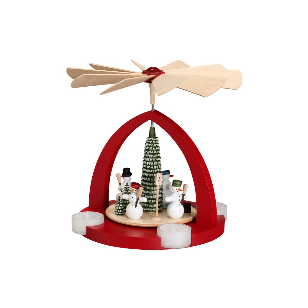 Teelichtpyramide mit Schneemänner, rubinrot 1 Stock - 23 cm