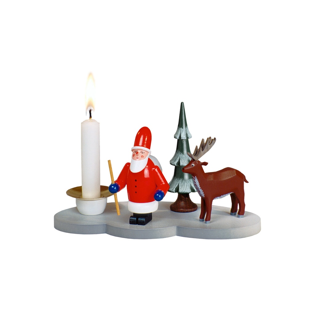 Kerzenhalter Weihnachtsmann mit Hirsch auf Wolke