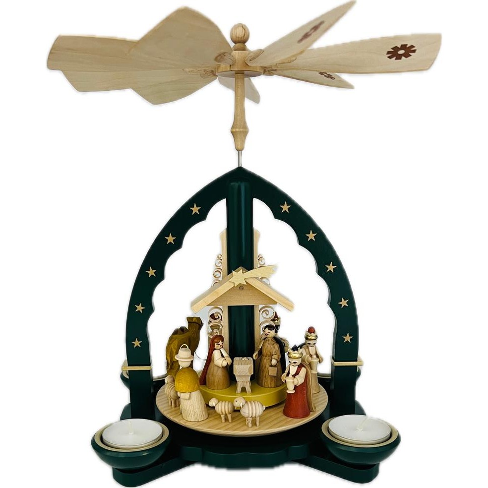 Pyramide Christi Geburt grün für Teelichte und Kerzen