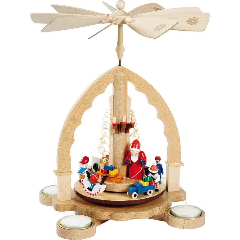Pyramide Weihnachtsbescherung, natur, für Teelichte u. Kerzen