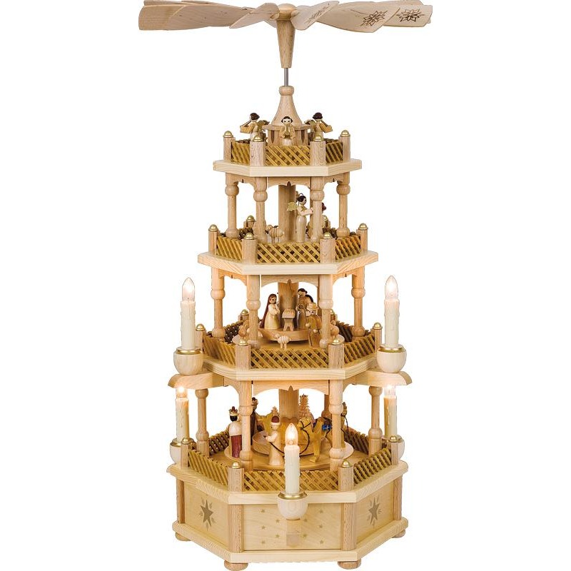 [RG 16714] Pyramide Christi Geburt 3-st., natur, elektrische Beleuchtung u. betr.