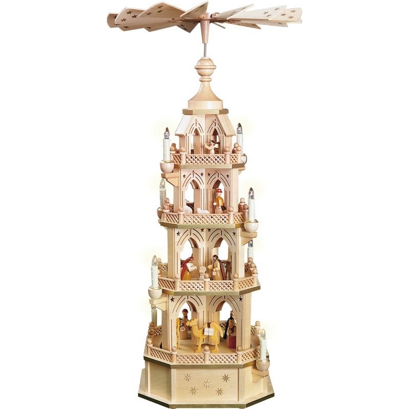 [RG 17750] Pyramide Gotik, gesägt, Naturholz, Christi Geburt 4-st., elektrische Beleuchtung u. betr.
