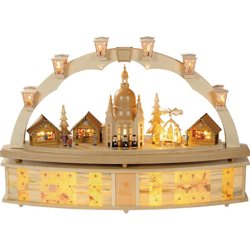 Schwibbbogen Dresdner Frauenkirche mit Pyramide, elektrische Beleuchtung