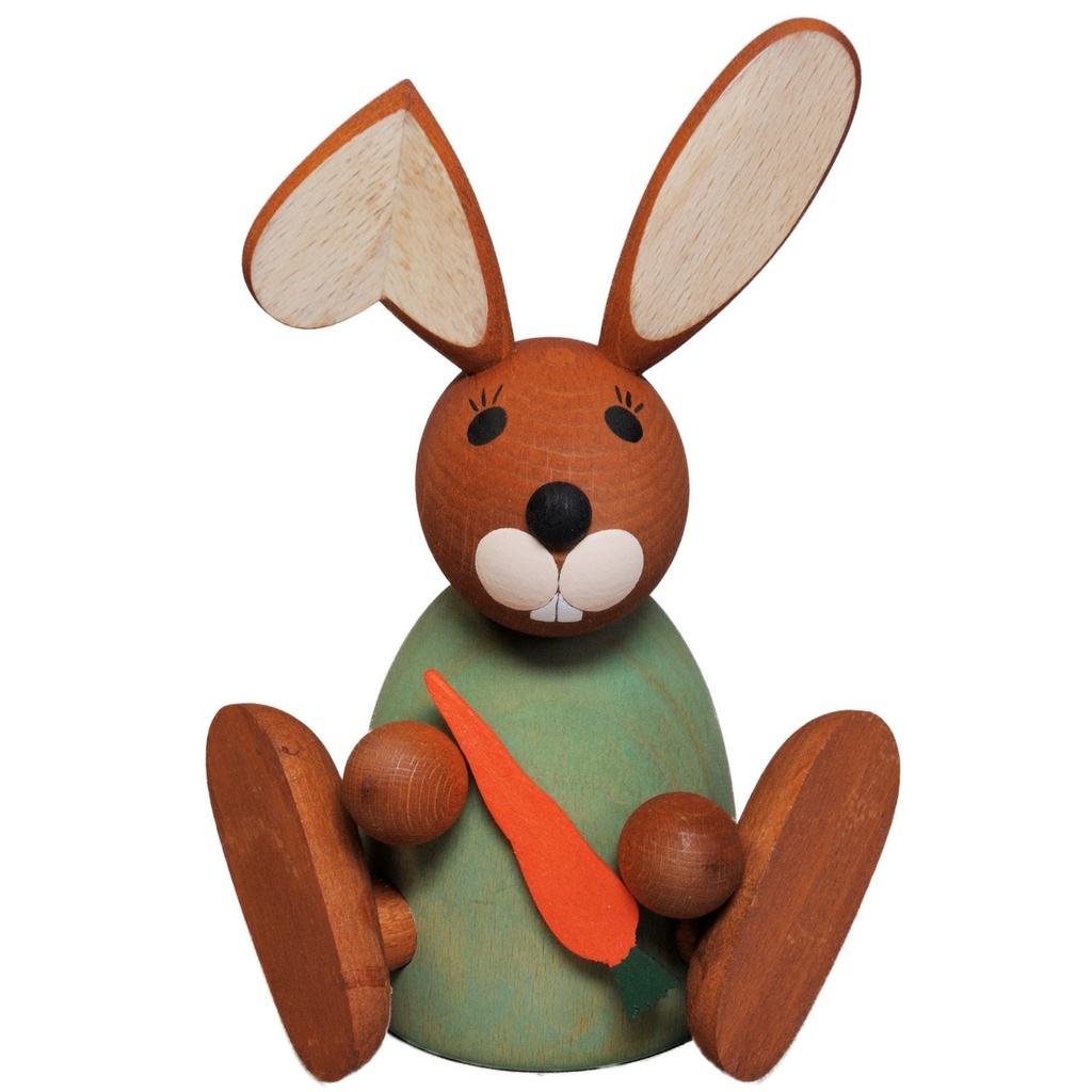 Hase grün sitzend mit Möhre, Knickohr