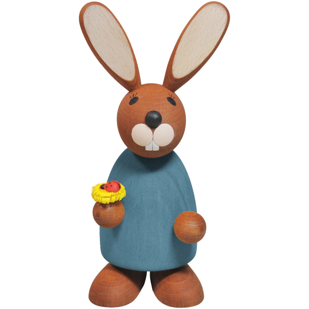 Hase blau stehend mit Blume, Stehohren