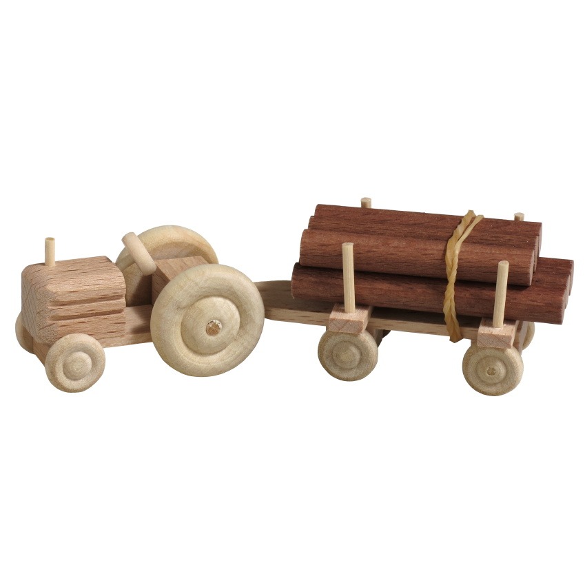 [RW 016_017N_2] Miniatur Traktor mit Anhänger, Naturholz, Rundholztransport